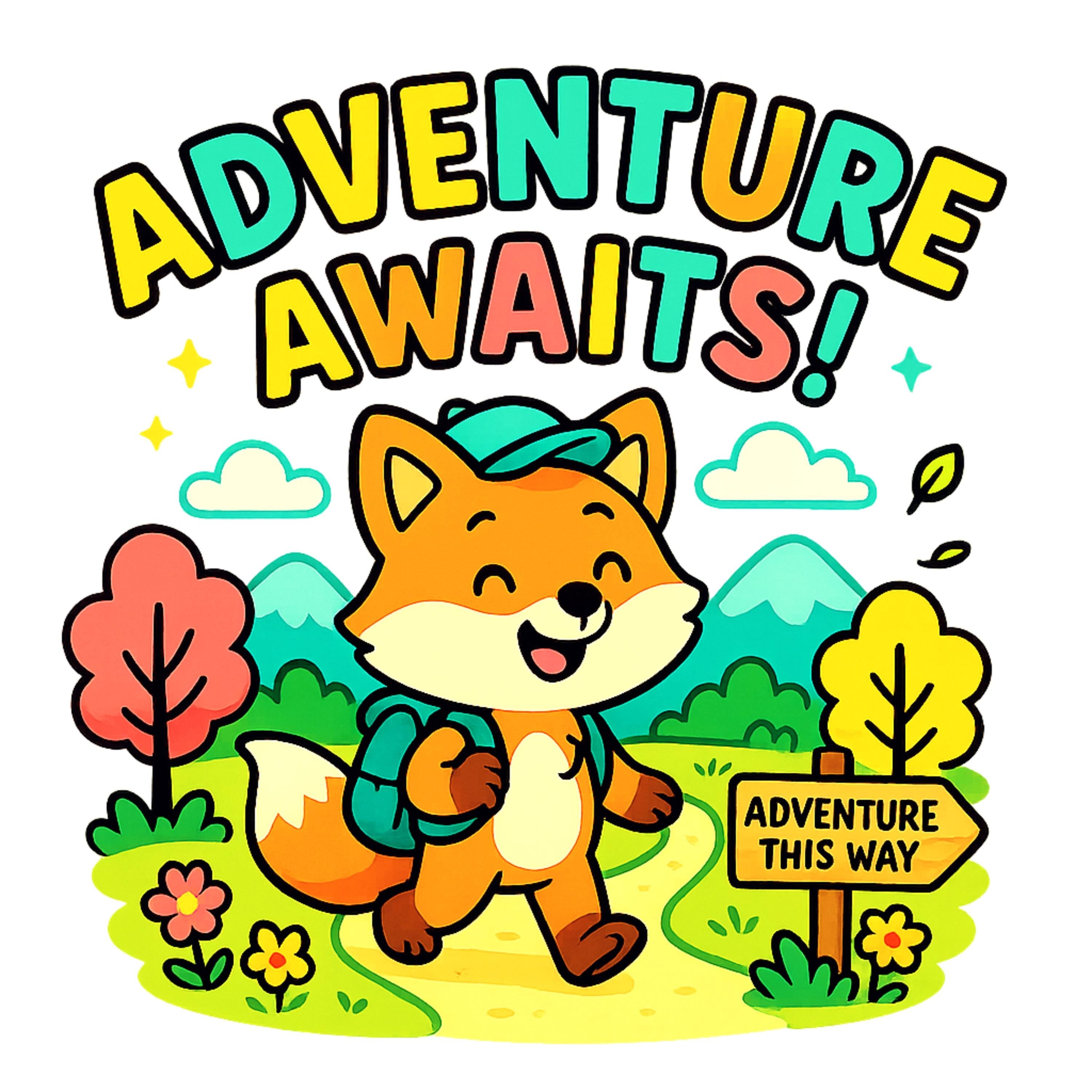 Adventure Awaits Fox PNG | Cute Hiking Woodland Animal Design | High-Res 4098x4098 PNG for Kids Shirts, Crafts & Sublimation