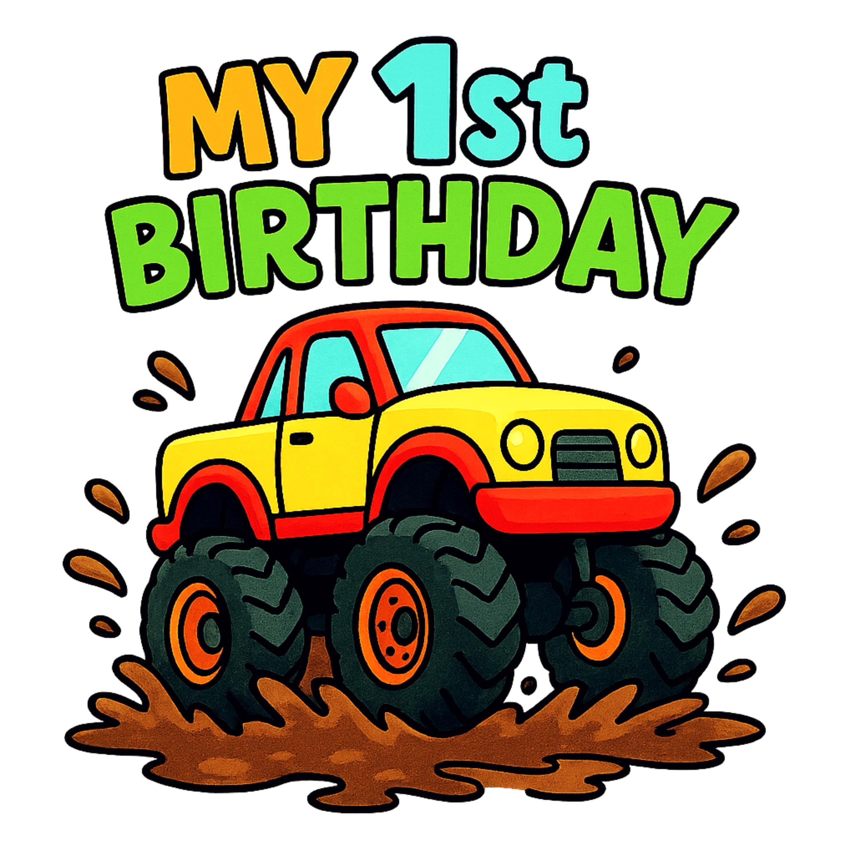 My 1st Birthday Monster Truck PNG – Blue Muddy Truck Clipart for Boys Birthday Shirt, 300 DPI Transparent Background, Digital Download