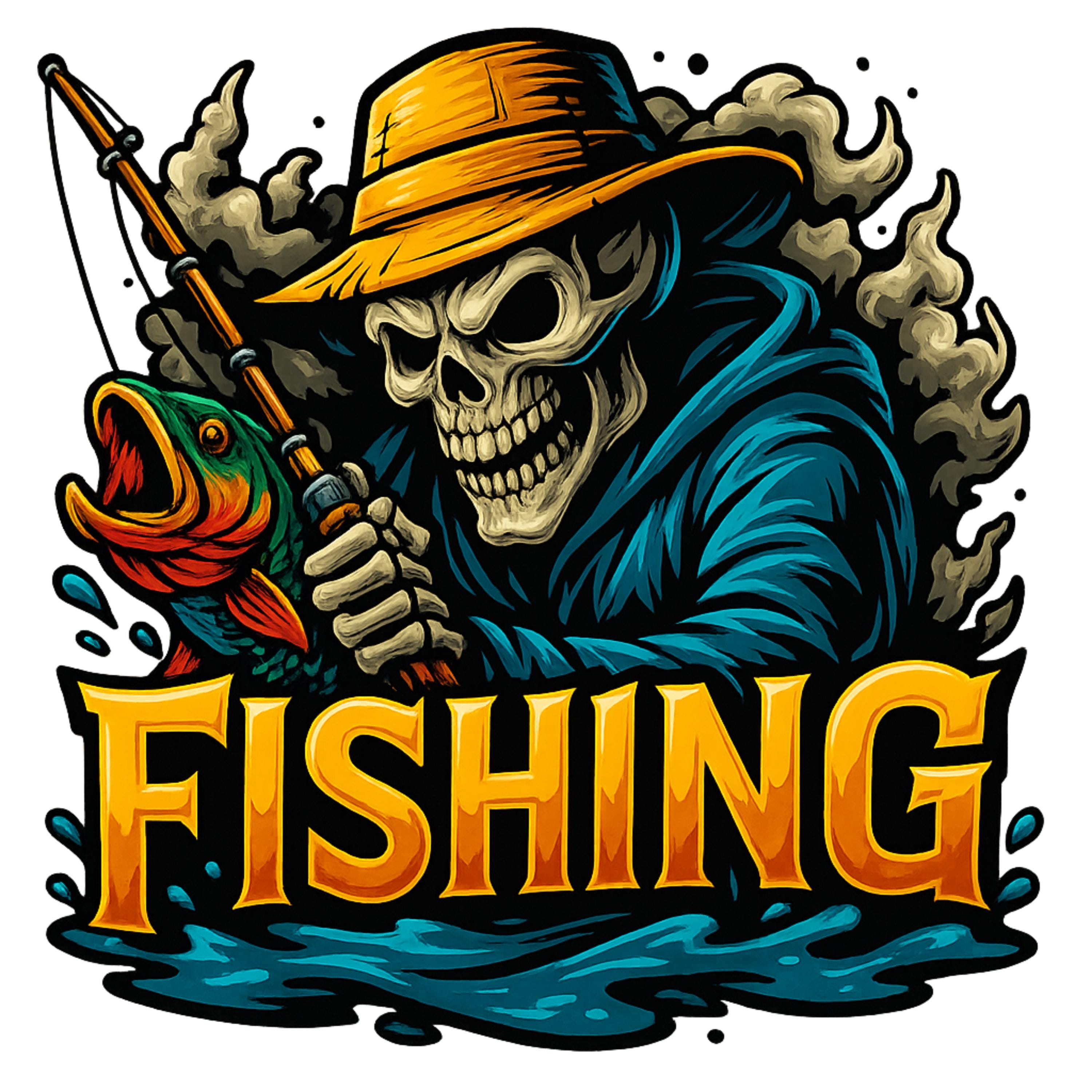 Skeleton Grim Reaper Fishing PNG | Bold Bass Fishing Art for Shirts & Tumblers | 4098x4098 PNG High-Res Digital Download