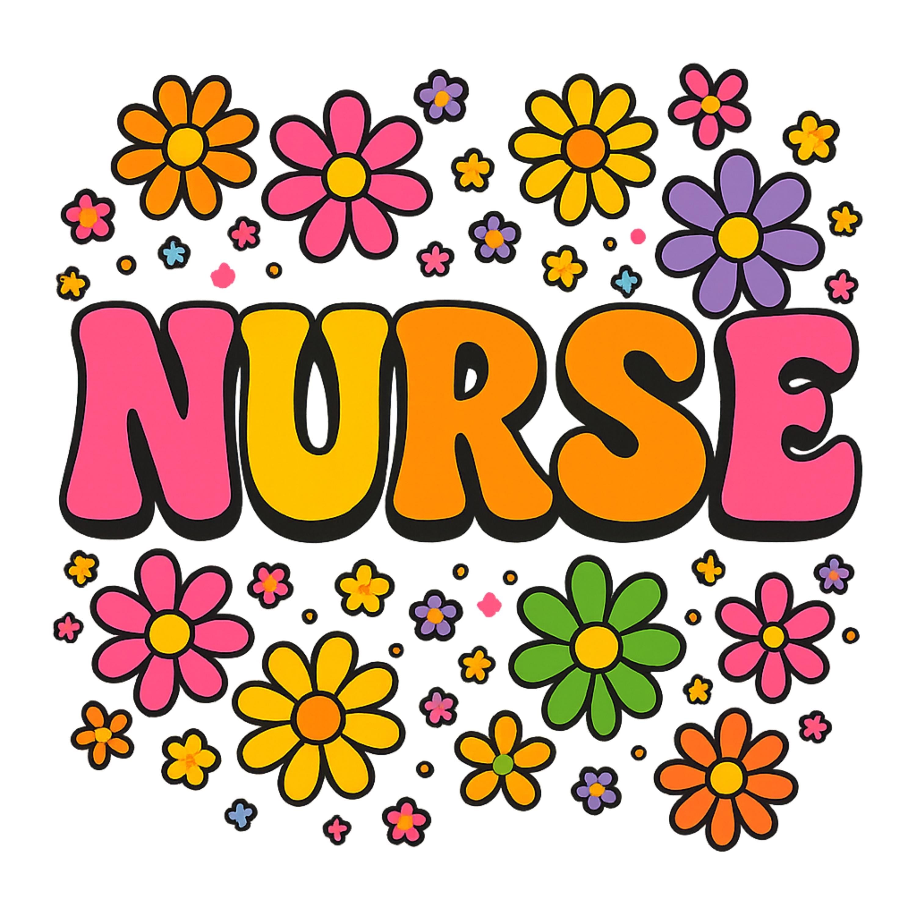 Retro Nurse PNG | Colorful Floral Hippie Design for Sublimation | High-Resolution 4098x4098 PNG | Digital Download for Nurses
