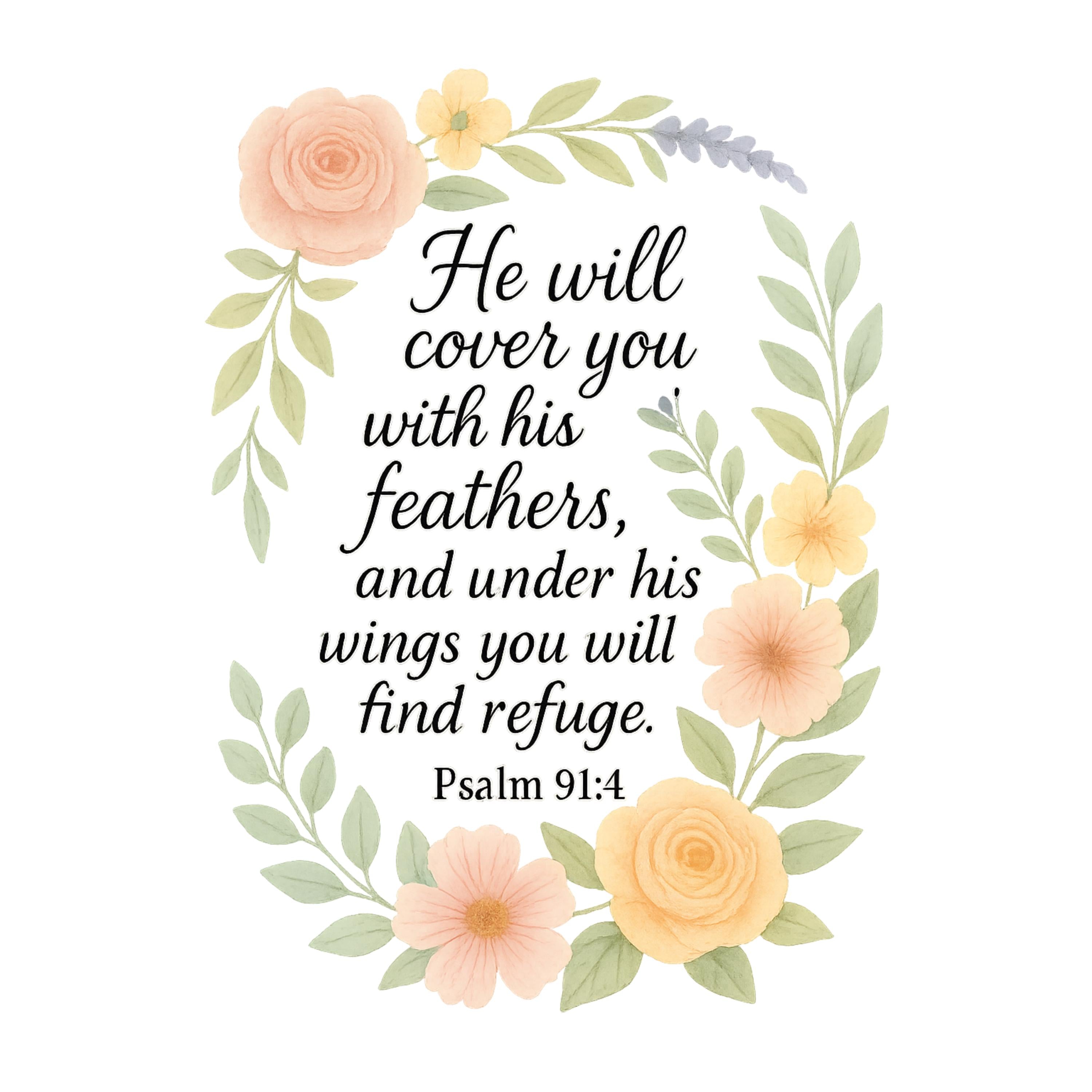 Psalm 91:4 Bible Verse PNG | “He Will Cover You with His Feathers” Christian Floral Design | 4098x4098 PNG for Shirts & Wall Art