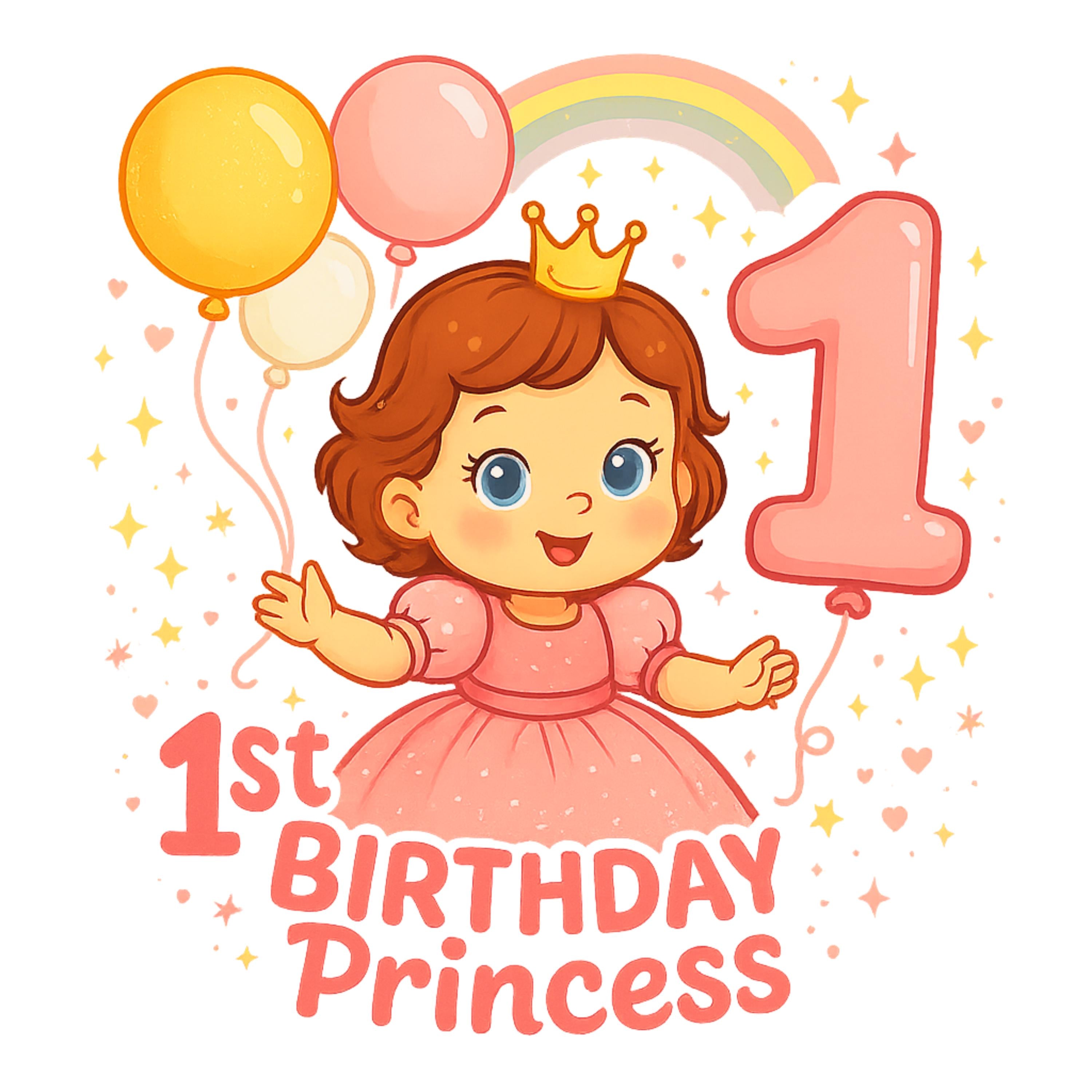 1st Birthday Princess PNG – Cute Baby Girl in Pink Dress with Balloons, Crown, and Rainbow, First Birthday Sublimation Design, 300 DPI