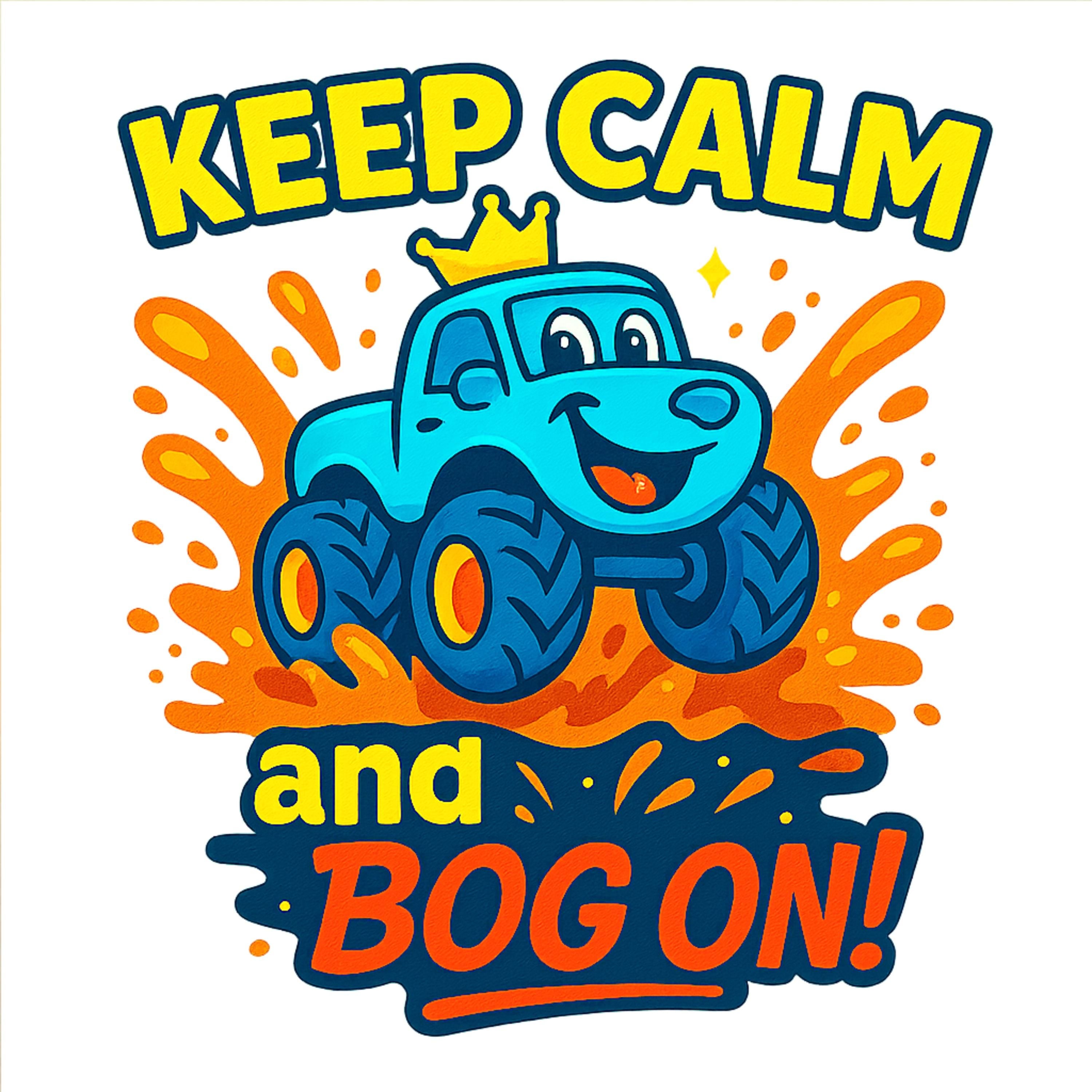 Keep Calm and Bog On PNG – Cute Blue Monster Truck with Crown Clipart, Kids Mud Truck Shirt Design, 300 DPI Transparent Download