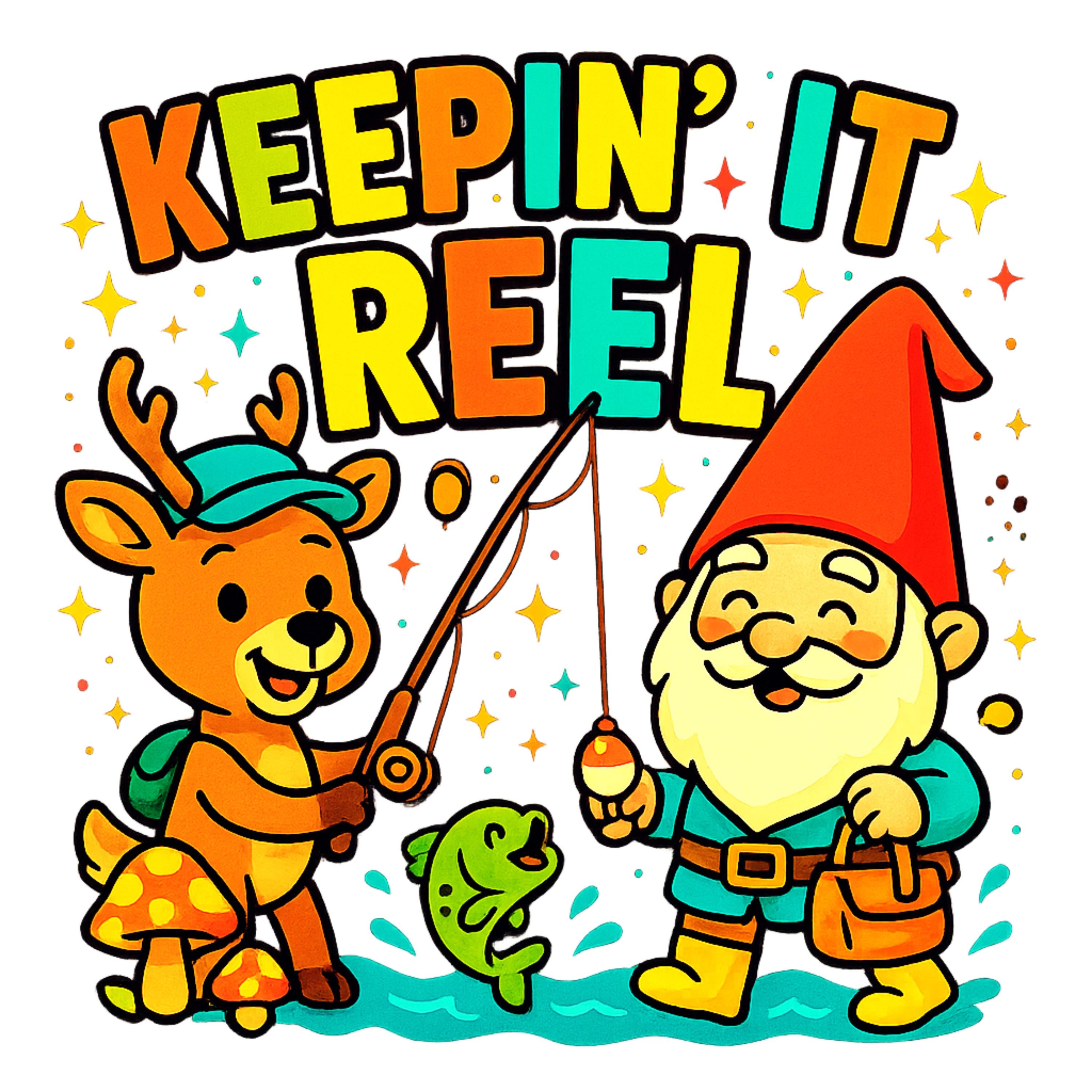 Keepin It Reel PNG | Funny Gnome  Deer Fishing Clipart | Bright Cartoon Sublimation Design | Digital Download for Kids & Adults