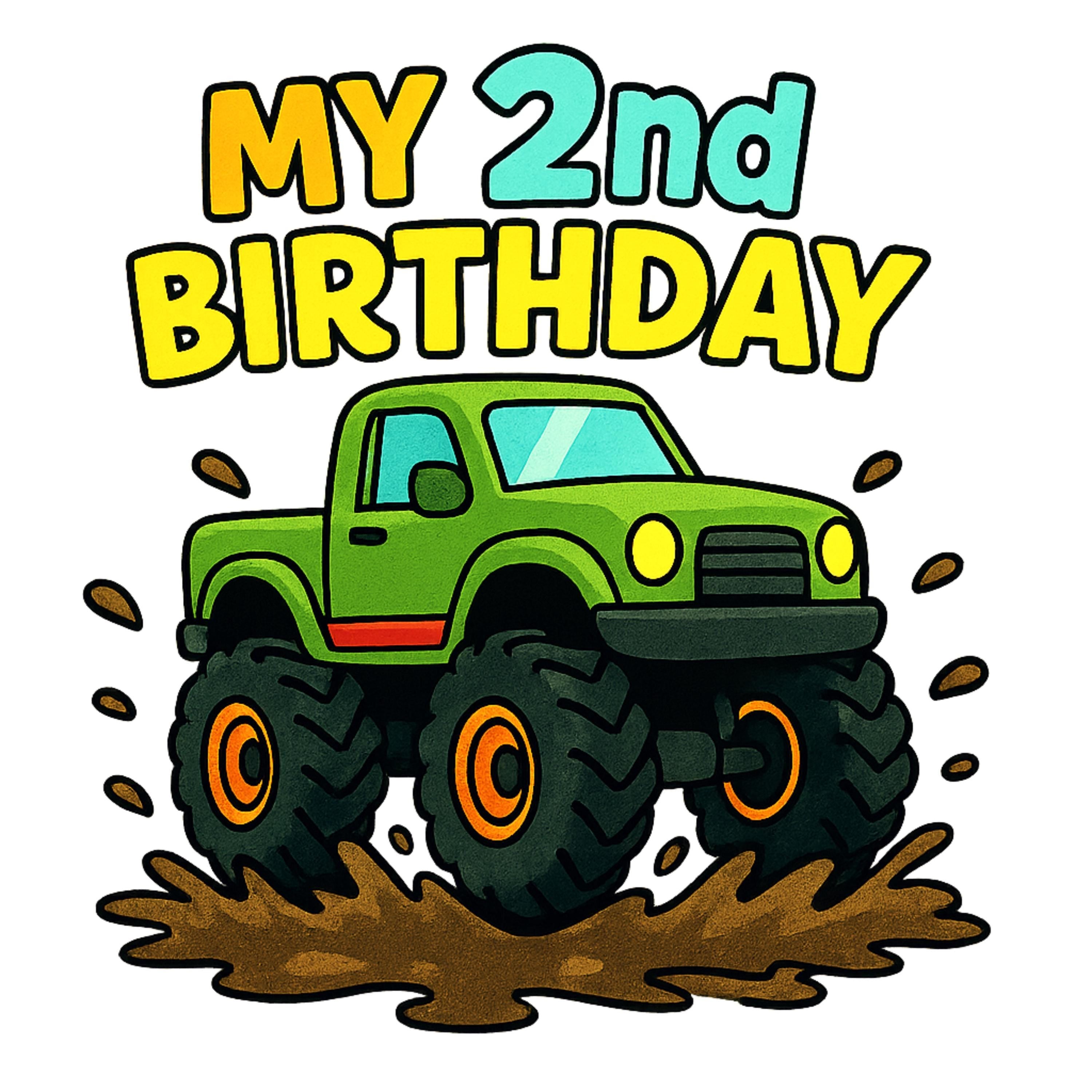 My 2nd Birthday Monster Truck PNG – Blue Muddy Truck Clipart for Boys Birthday Shirt, 300 DPI Transparent Background, Digital Download