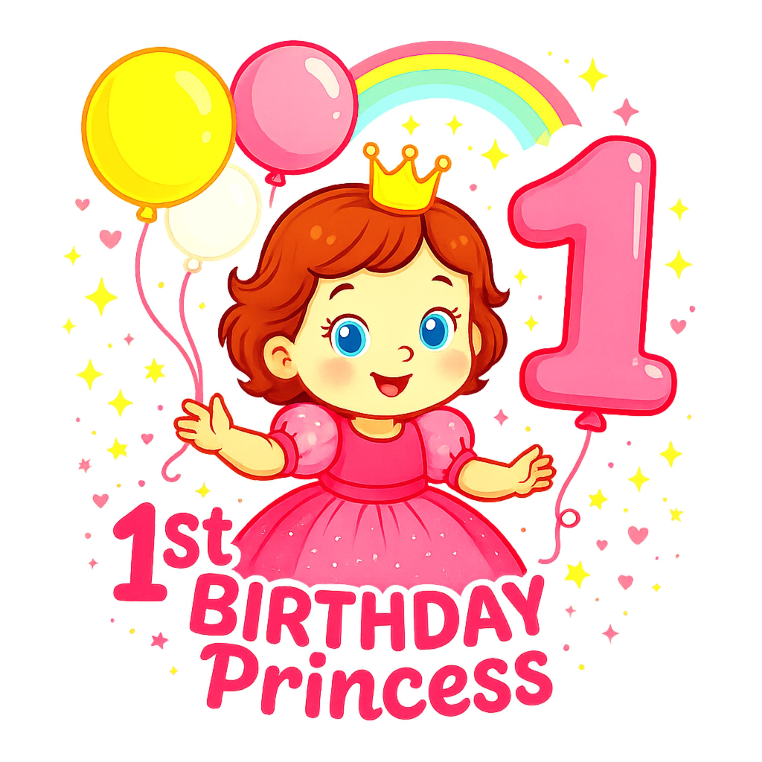 1st Birthday Princess PNG – Cute Baby Girl in Pink Dress with Balloons, Crown, and Rainbow, First Birthday Sublimation Design, 300 DPI