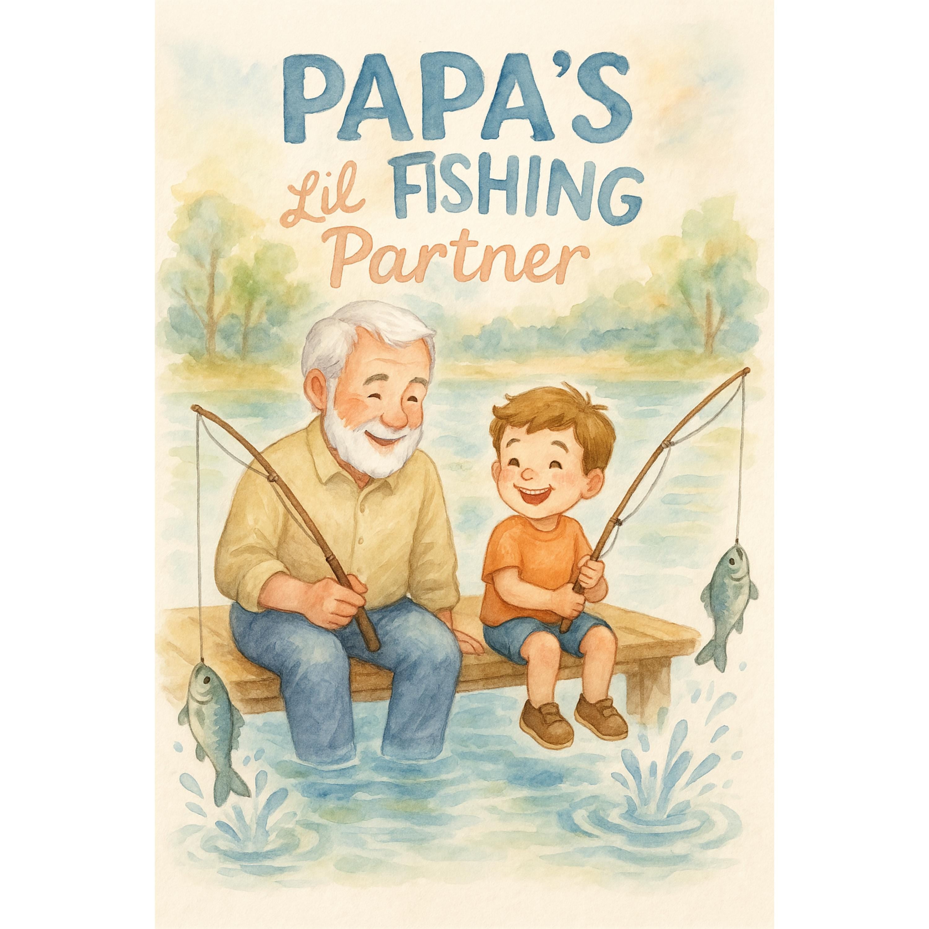 Papa’s Lil Fishing Partner PNG | Cute Grandfather & Grandson Fishing Clipart | Watercolor Style | High-Res Digital Download
