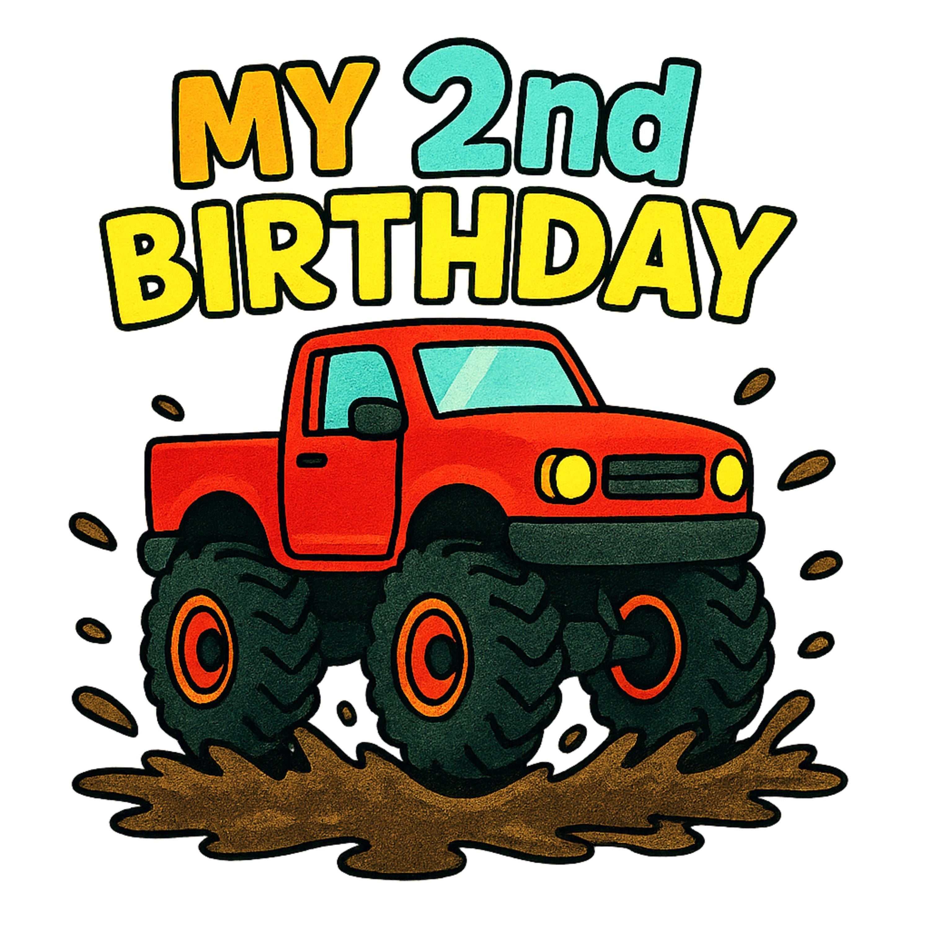 My 2nd Birthday Monster Truck PNG – Blue Muddy Truck Clipart for Boys Birthday Shirt, 300 DPI Transparent Background, Digital Download