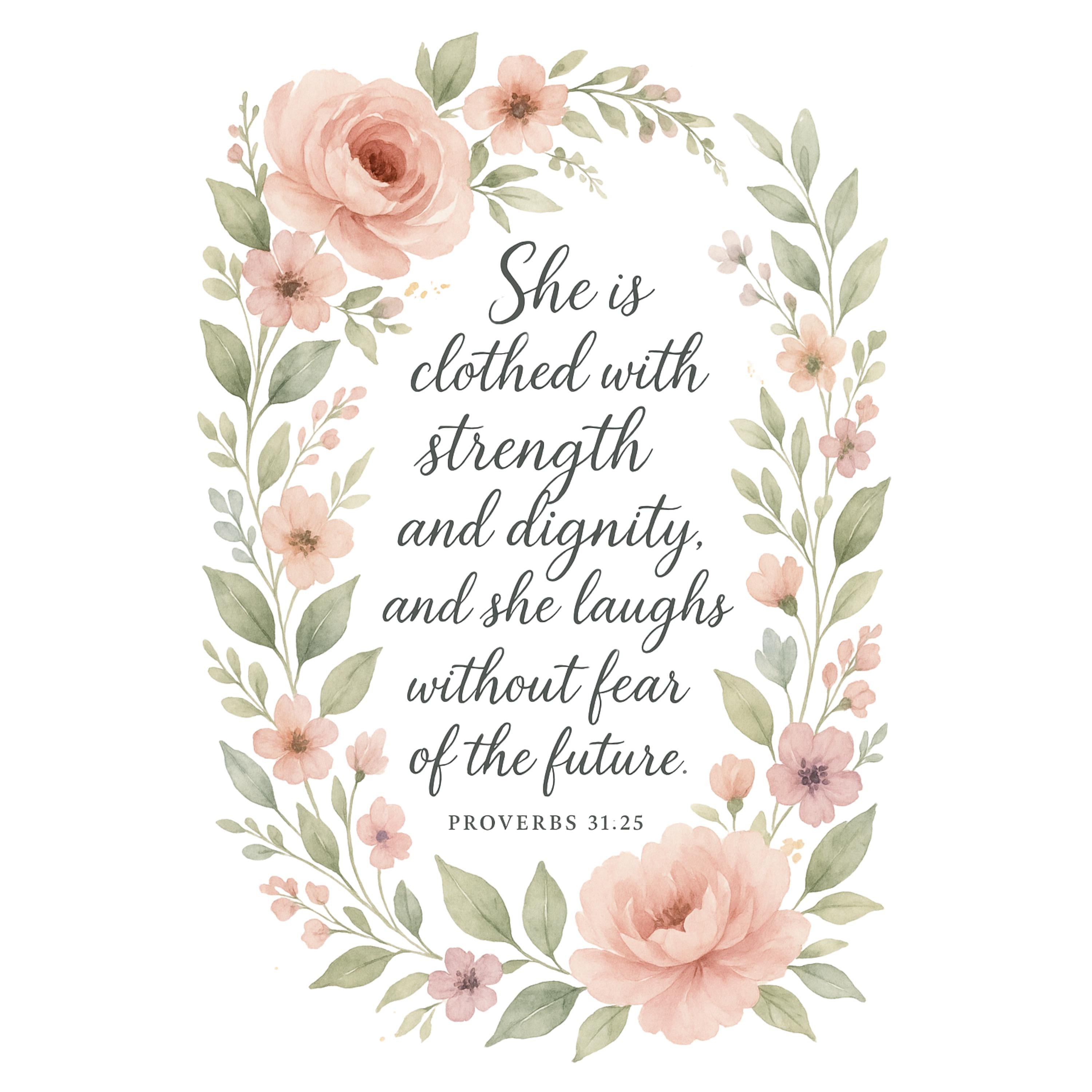 Proverbs 31:25 PNG | She Is Clothed With Strength and Dignity | Floral Christian Scripture | Inspirational Digital Wall Art Download