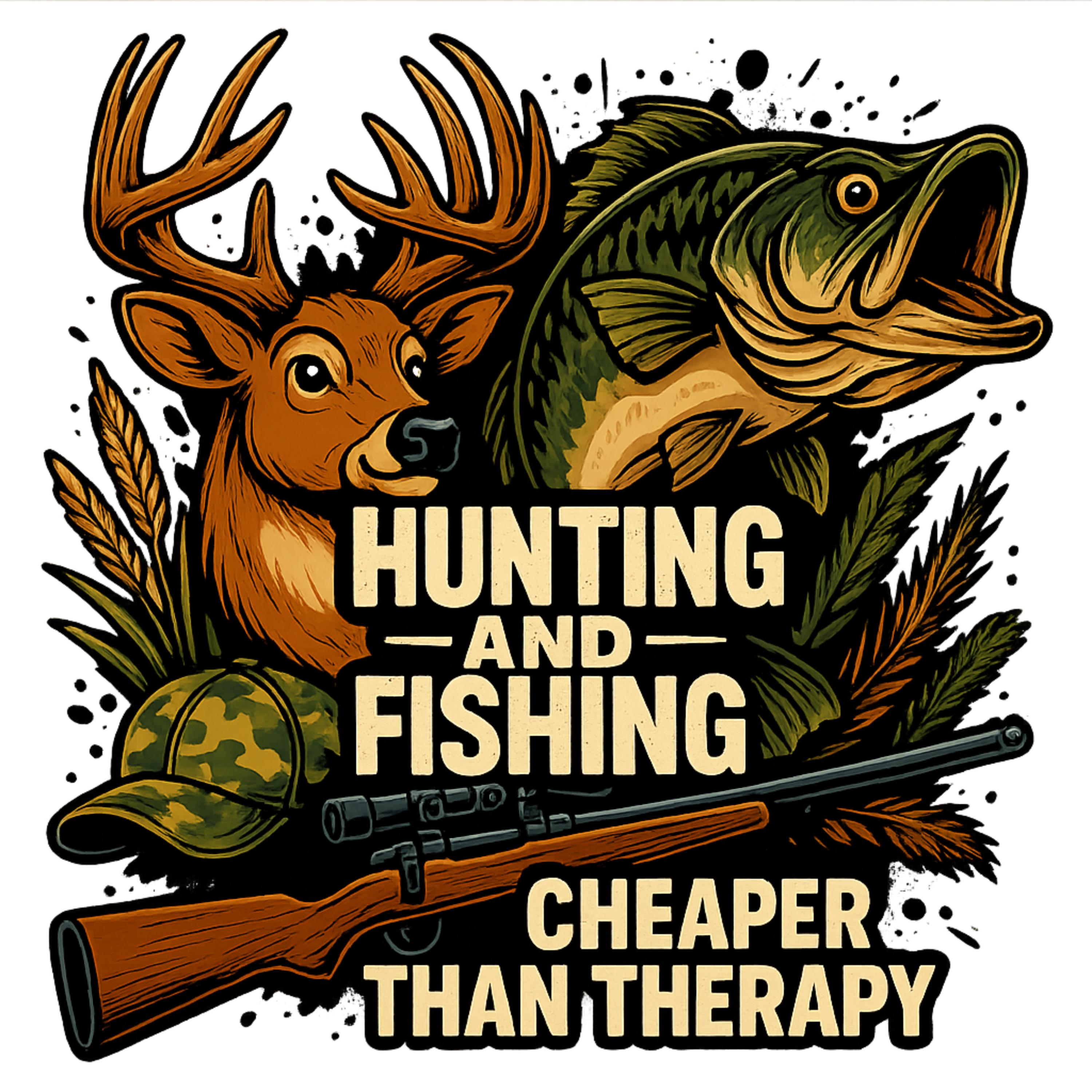 Hunting and Fishing PNG | Cheaper Than Therapy Buck & Bass Clipart | 4098x4098 PNG for Outdoors Shirt, Tumbler, Sublimation