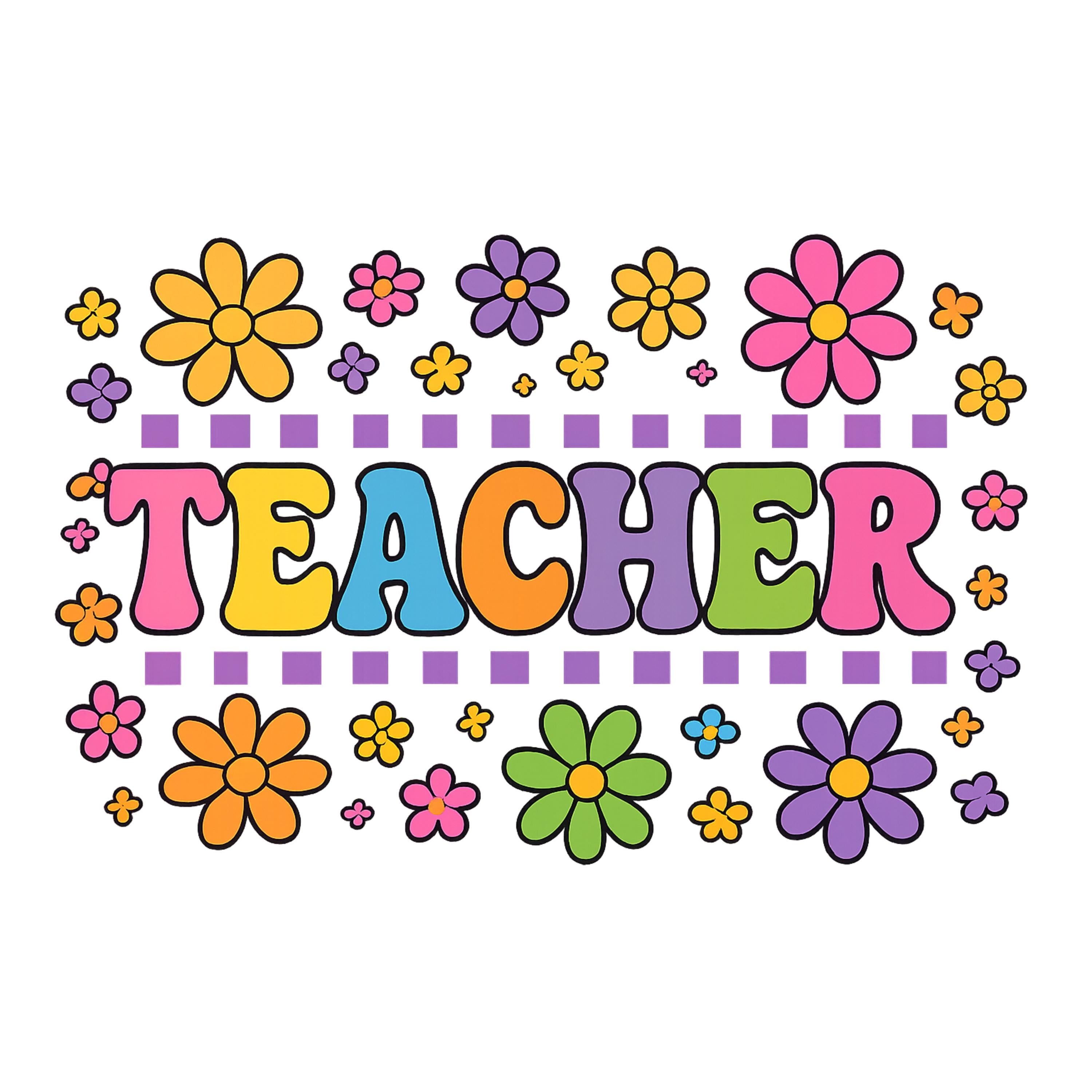 Retro Teacher PNG | Colorful Groovy Flowers Sublimation Design | High-Res 4098x4098 PNG | Perfect for Teacher Shirts & Gifts